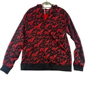 Dr J Julius Irving All Over Logo Zip Up Hoodie Red Black Wings Retro Men's L